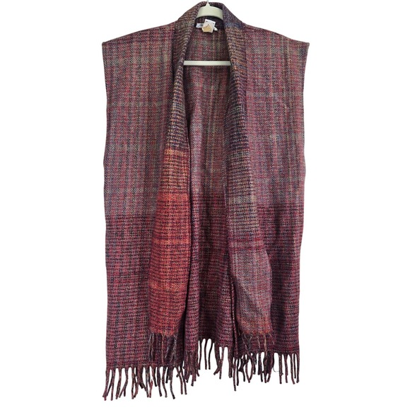 Vintage SallyGee Wool Blend Sleeveless Shawl Vest Fringe Plaid Boho Chic OS - Picture 1 of 9